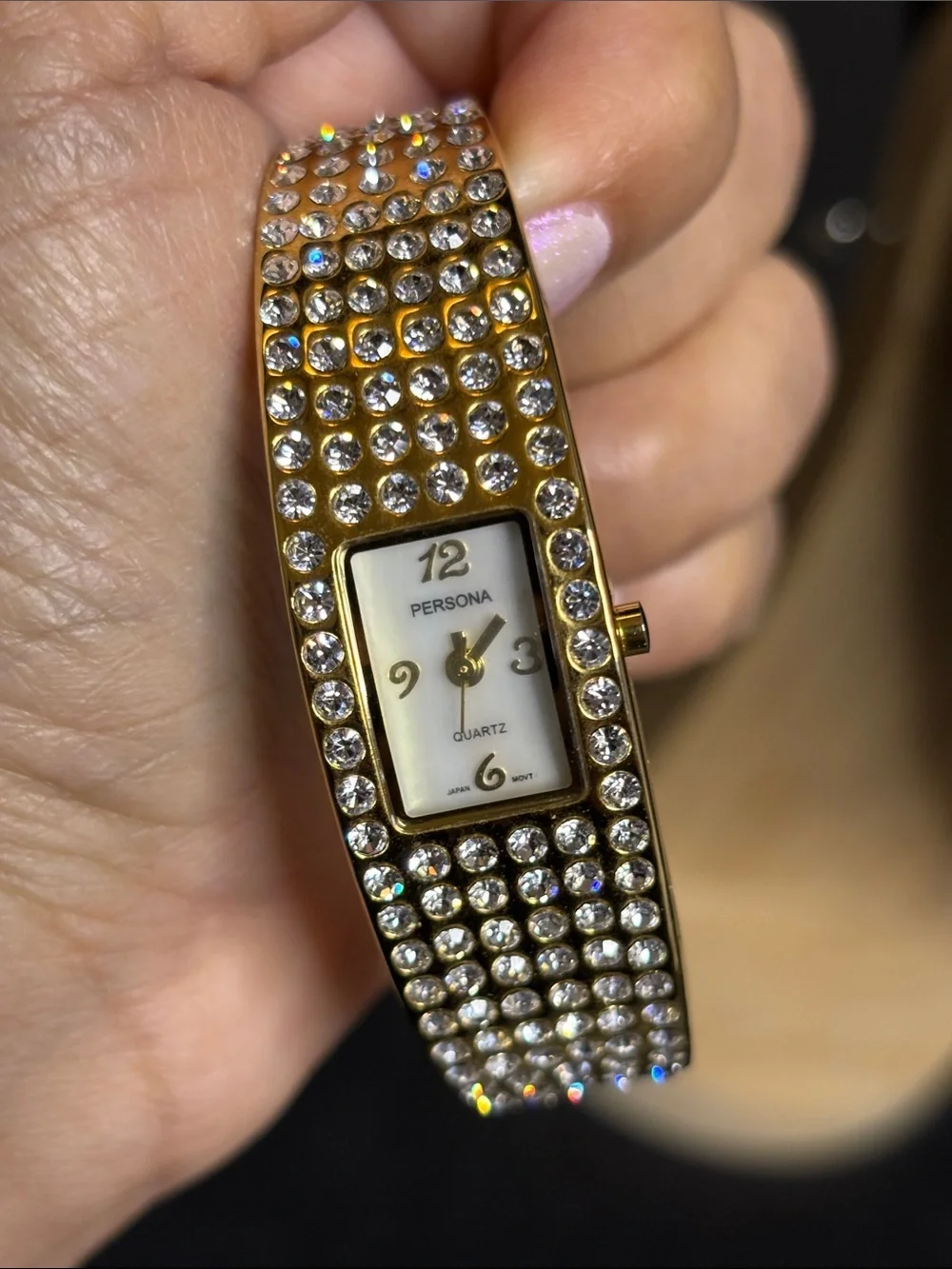 Persona Gold-tone Bangle Watch WORKING Stainless Back Sparkling Rhinestone